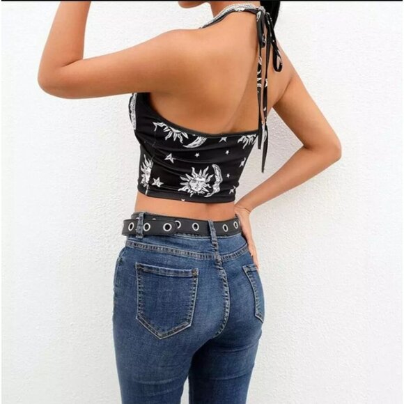 A Gothic Universe Halter Crop Top W/ Sun & Moon Celestial Print – Black White - Picture 4 of 8